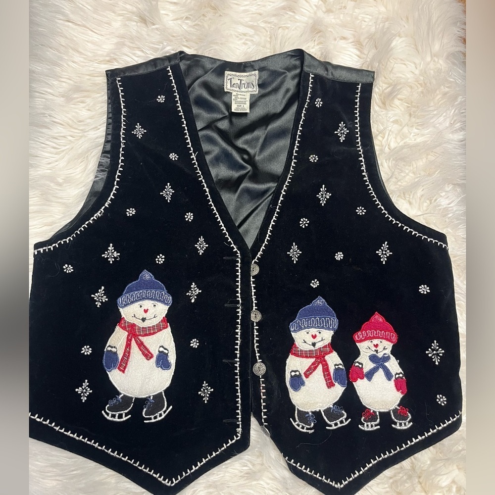 TanTrums Womens Vest Winter Snowman Snowflake Snow Embroidered Size L Black
